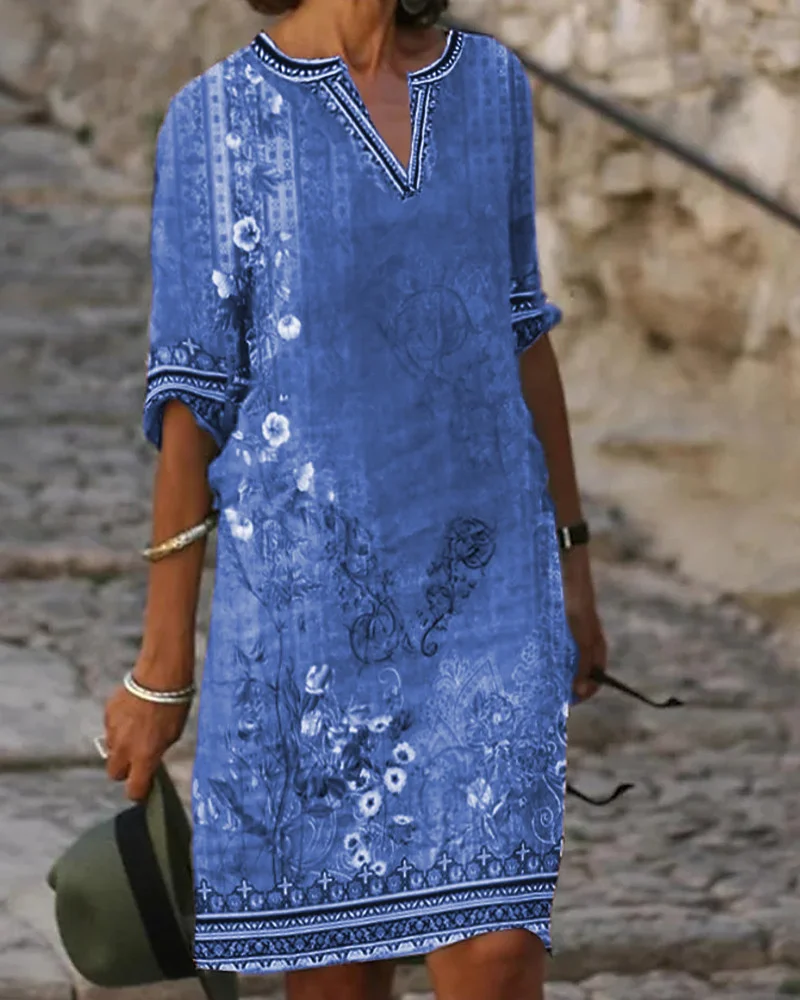 Ethnic Retro Summer Printed Boho Knee Length Dress Women Casual V Neck Dress Spring Half Sleeve 2025 Ladies Elegant Vestidos
