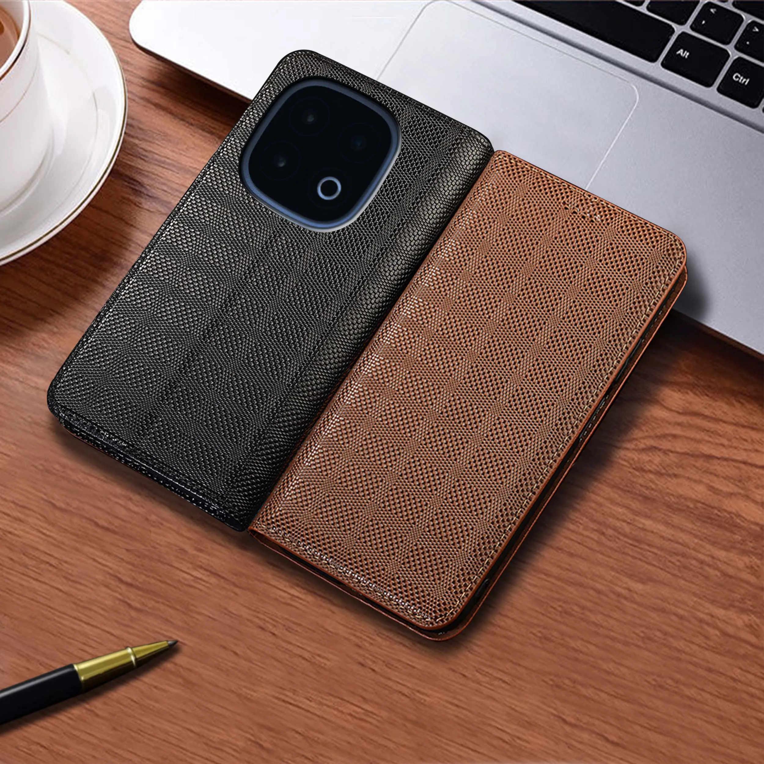 

For Vivo iQOO Z3 Z5 Z6 Z6X Z7 Z7X Z8 Z8X Z9 Z10 Turbo Pro Plus Lite Crosshatch Pattern Of Genuine Leather Wallet Flip Phone Case