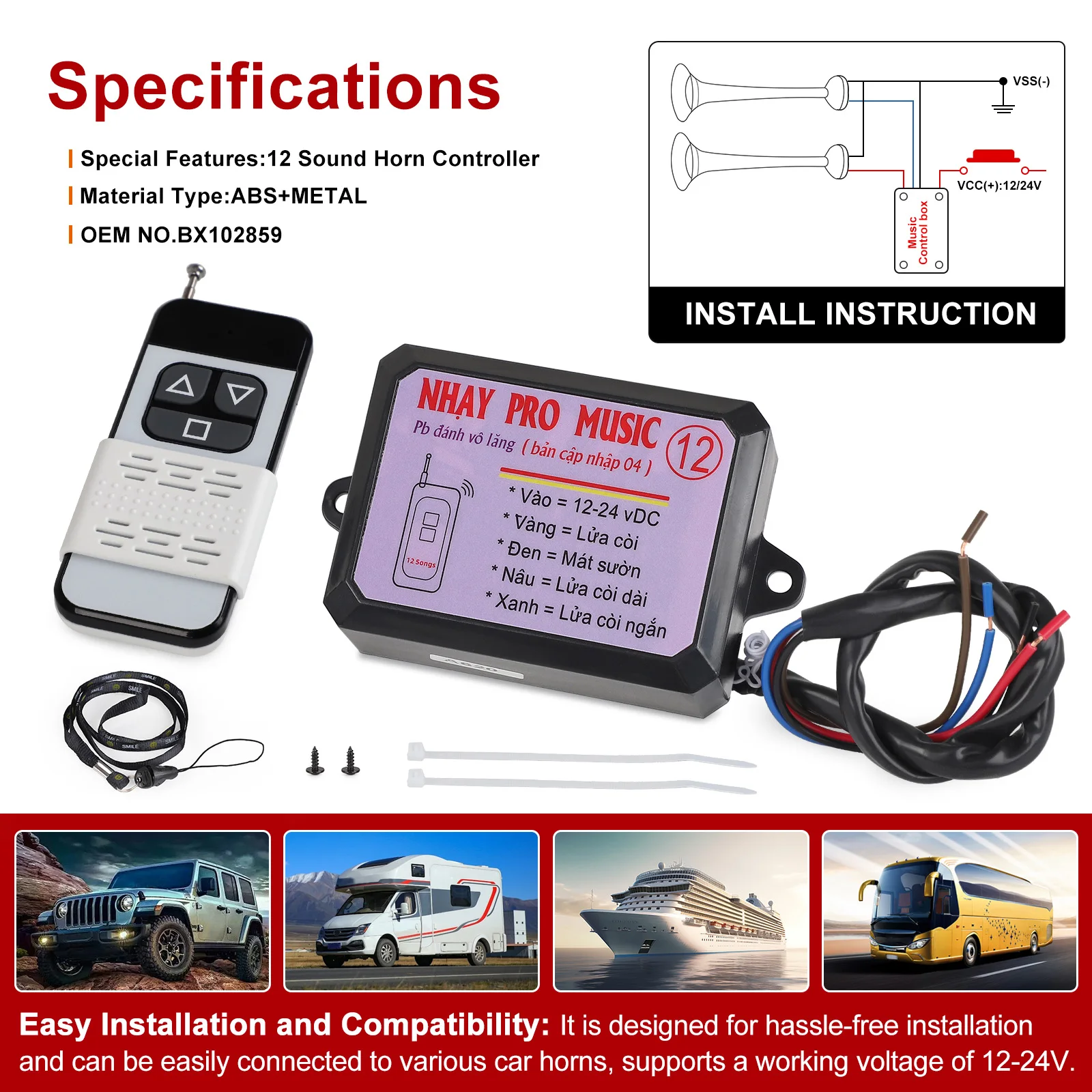 

12-24V Nhay 12 Tones 3 Pro Music Horn Relay with Remote Control horn music for Car Truck Van Motorcycle Auto