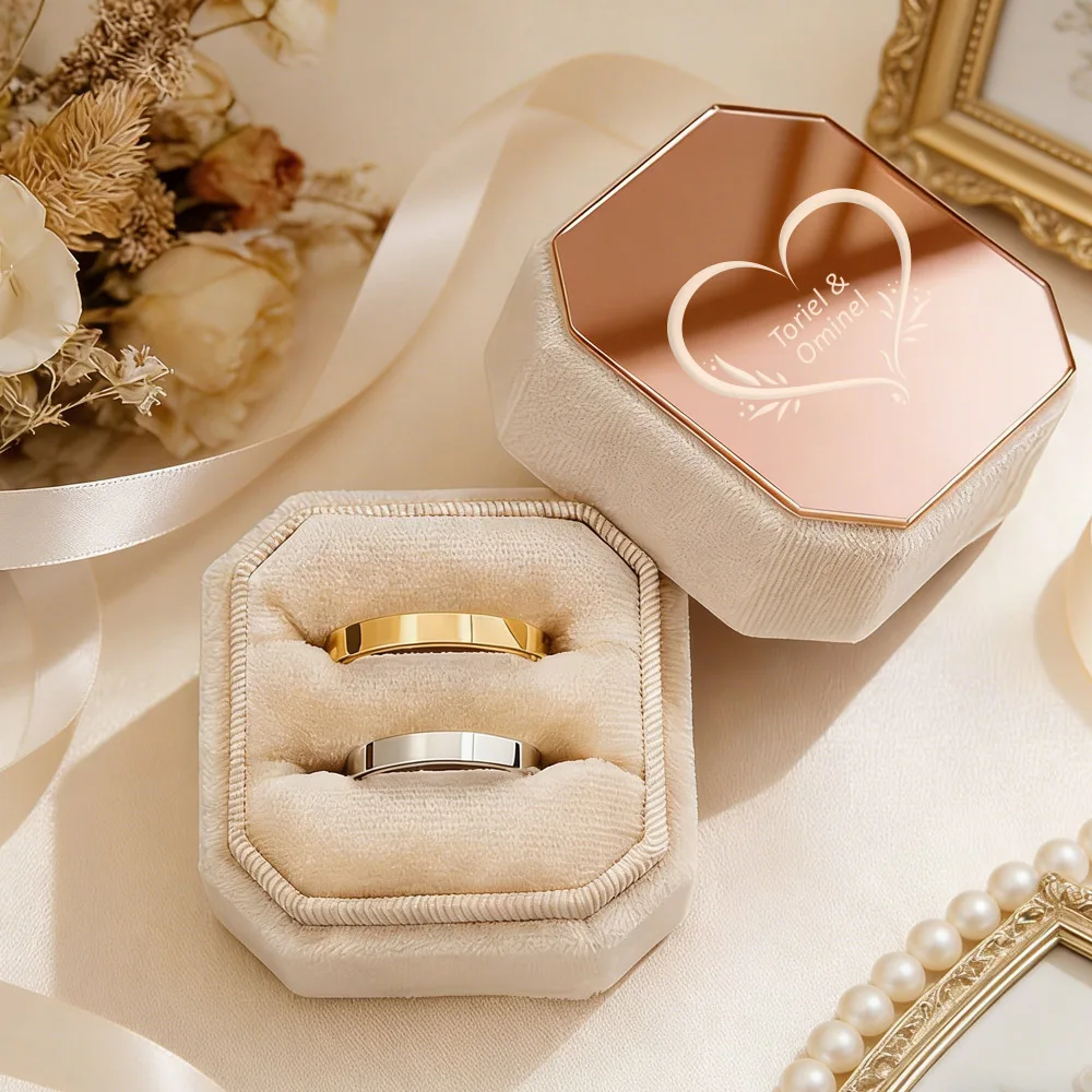 Personalized Engravable Octagon Velvet Ring Box,2-Slot Custom Message,Luxury Proposal Wedding Ring Holder,Bridal,Jewelry Display