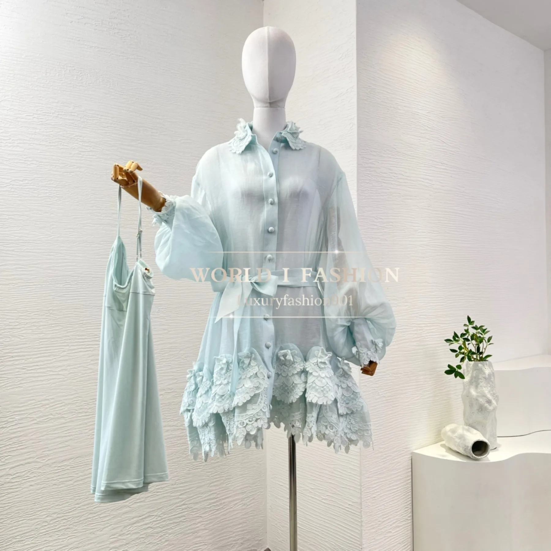 

2025 New Mint Green Cascading Lace Patchwork Hem Long Sleeve Mini Dress
