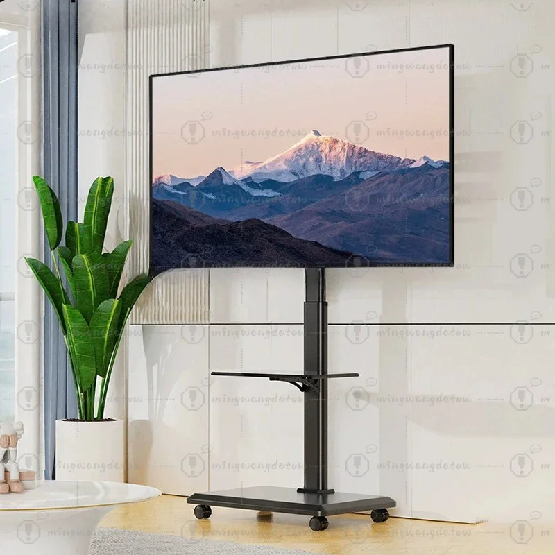 Mobile TV Stand Height Adjustable TV Stand with Wheels Double Tray for Audio-Visual Devices Rolling TV Stand