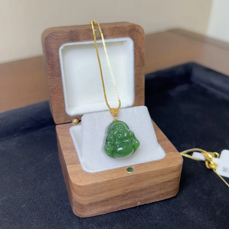 18K Gold Inlaid Hetian Jade Pendant, Big Belly Buddha In Style