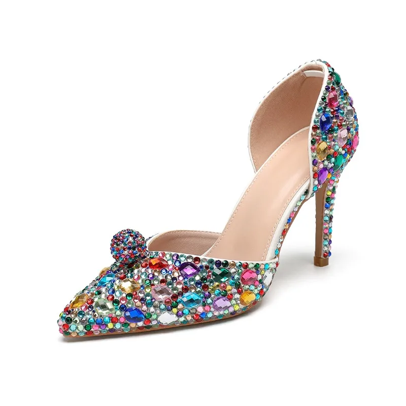 9cm Pointed Toe Design Colorful High Heel Slip on Sandals Shallow Mouth Rhinestone Bridal Wedding Party Dress Single Shoes
