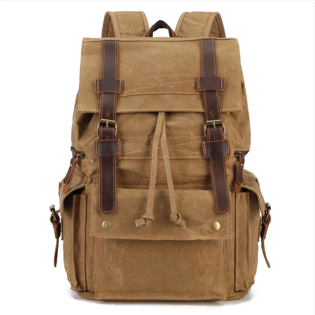 

Vintage Crazy Horse Leather Waxed Canvas Backpack, Old Canvas Vintage Backpack, Outdoor Travel Canvas Backpack