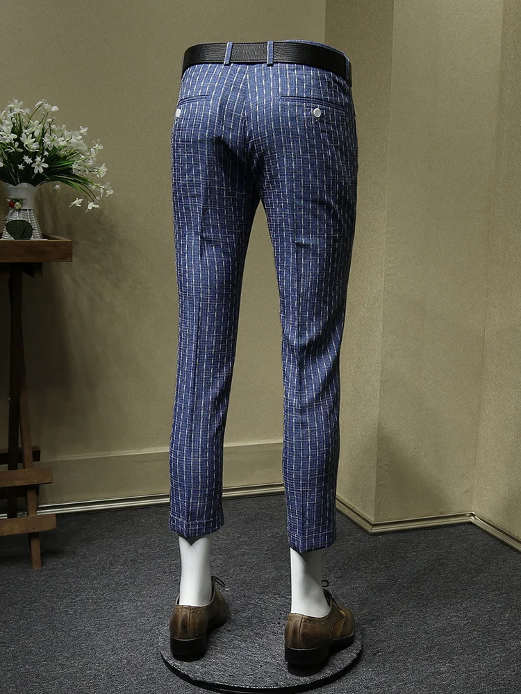 mens dress pants summer thin cropped pants legging fashion office pants men blue grey striped wedding wear slim fit