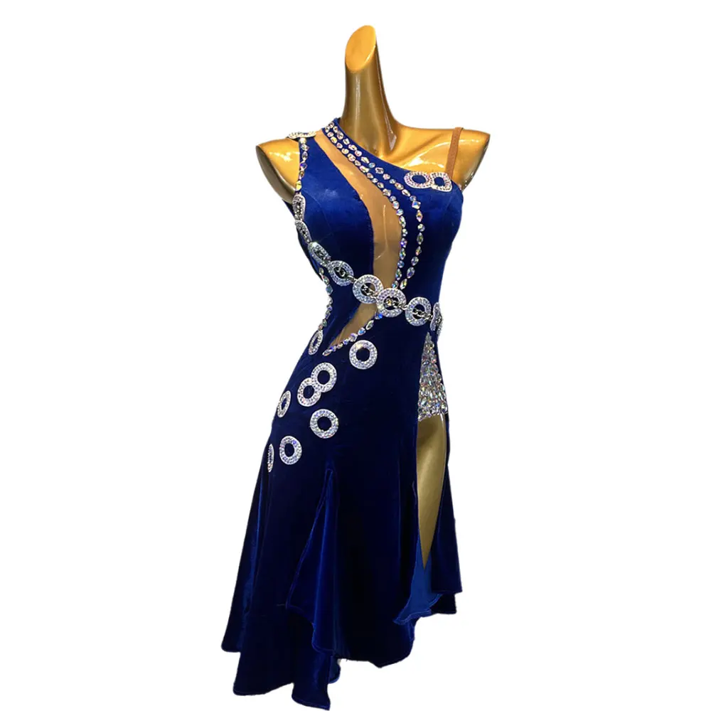 زي الرقص اللاتيني، حجر الراين، خاتم مخصص عالي الجودة، تنورة مقسمة، فستان أداء السامبا للنساء والكبار والأطفال