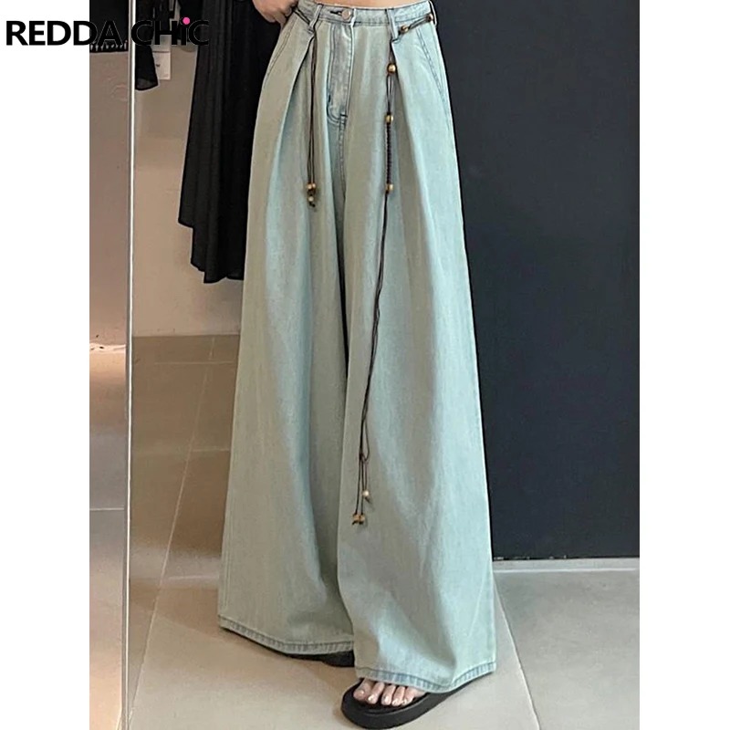 

ReddaChic Solid Pleated Women Baggy Jeans 90s Retro High Rise Belt Wide Leg Casual Pants Loose Draped Trousers Y2k Streetwear