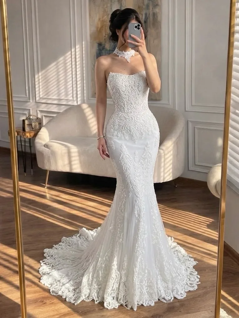 Fantasy Strapless Chiffon Wedding Dress Embroidered Mermaid Elegant White Women's Formal Evening Gowns Prom Dressse Customized