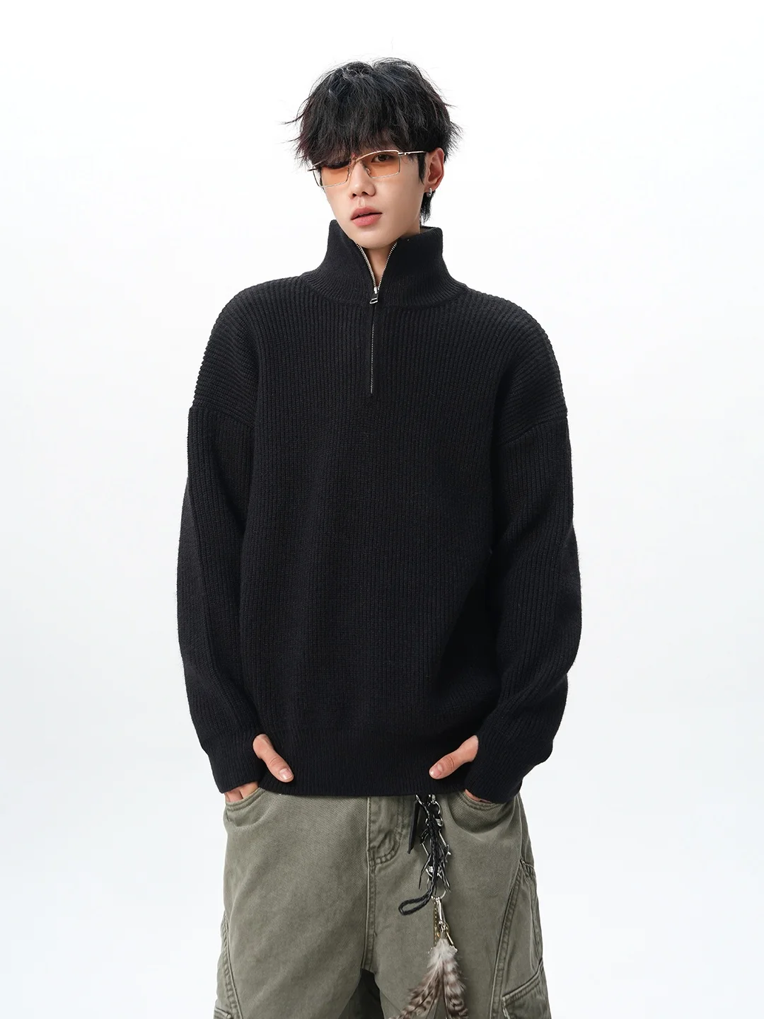 

Мужской утепленный свитер на молнии с воротником-стойкой, зимний, повседневный, свободного кроя, удобный, черный, вязаный, спортивный, из полиэстера