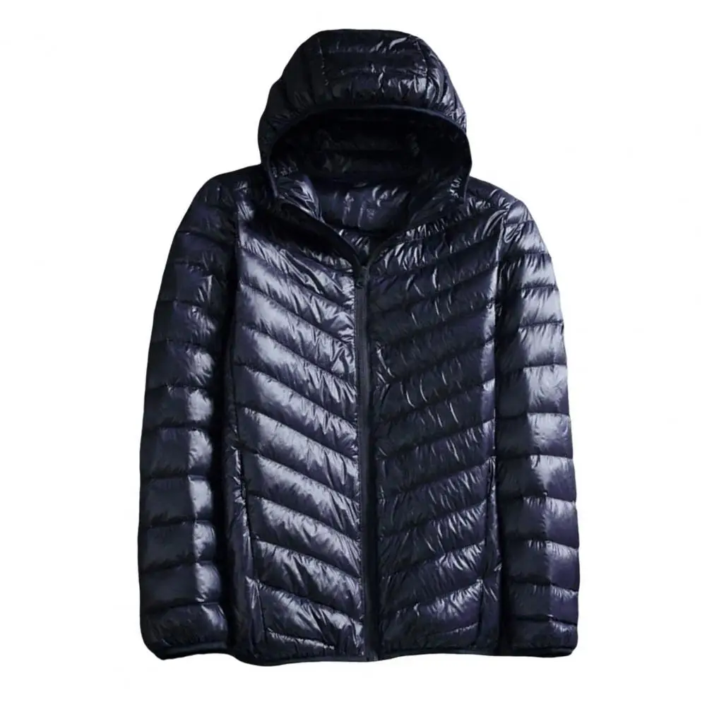 Men Cotton Jacket Hooded Long Sleeve Solid Color Down Coat With Side Pockets Full Zipper Closure Thin Quilted Winter Outwear