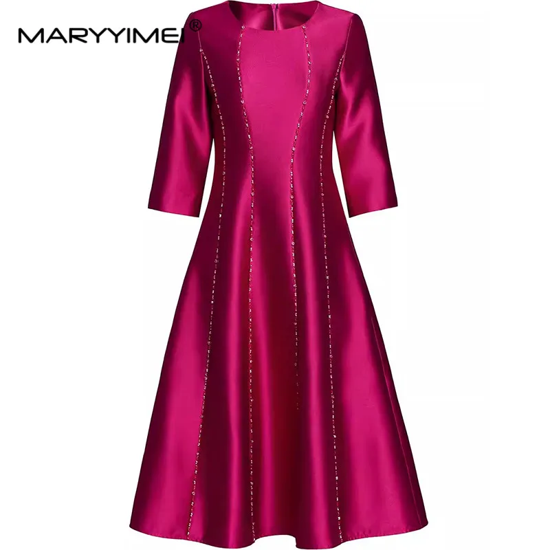 MARYYIMEI Women's Elegant Party Dress Beading Striped Half Sleeved High waist Autumn and winter Temperament M-4XL Dresses