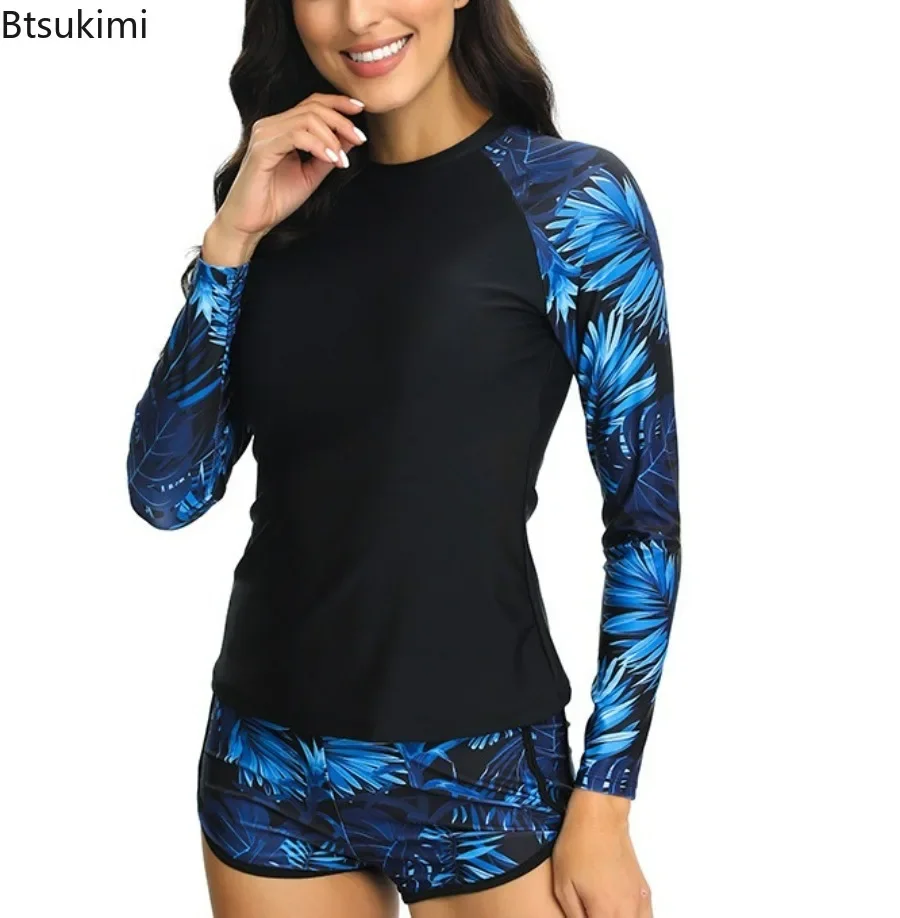 2024 Women\'s Summer Swimsuit Set Female Long Sleeve Swimwear Surfing Sports Pool Beachwear Two-Piece Bathing Suits With Shorts