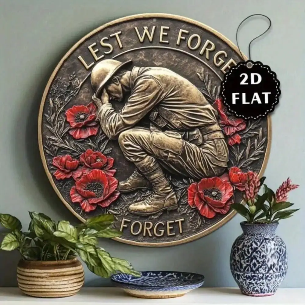 Vintage Lest We Forget Soldier Red Poppy Round Metal Sign 2D Flat Remembrance Veteran Memorial Wall Decor