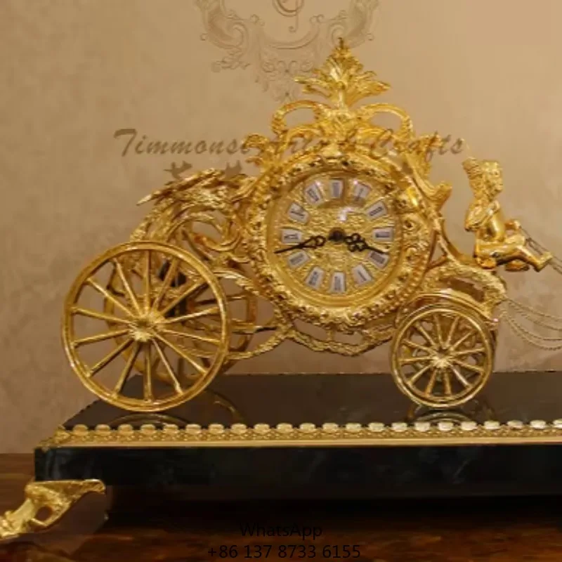 

Medieval Luxury Style Gilded Bronze Carriage Watch Clock With Marble Base, Antique Brass Gold Carriage Clock
