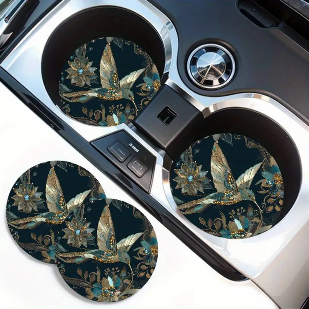 Hummingbird & Floral Absorbent Car Cup Holder Coasters Non-Slip Rubber Vehicle Beverage Mats
