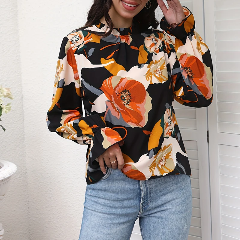 2024 Women\'s shirt fashion flower print design shirt new long sleeve 100 round neck casual flared cuff breathable fiber material