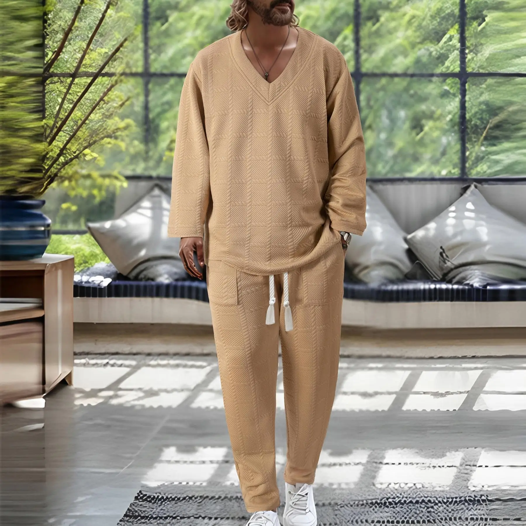 

2026 Spring/Summer Casual Long Sleeve Set Knitted Two Piece Men's V-neck Short Sleeve T-shirt and Pants Street Wear Knitted Set