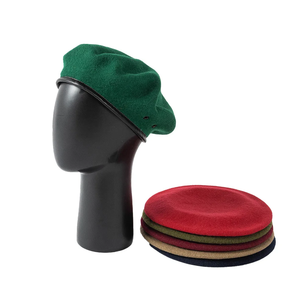 Autumn Winter Wool Beret Hat for Security Guard Military Training - Adjustable PU Trim Unisex Occupation Cap with Drawstring