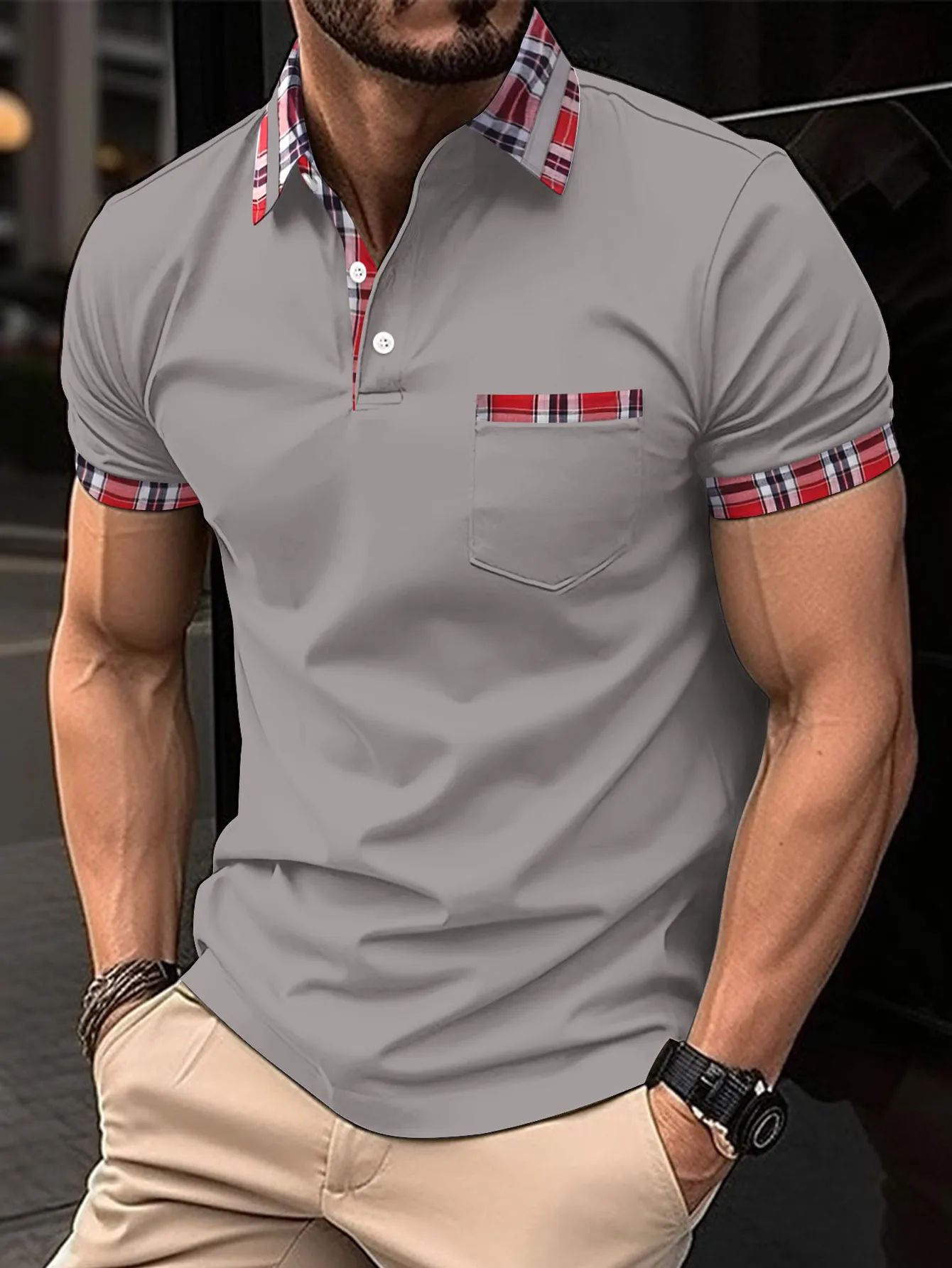 2024 Men\'s fashion color contrast lapel short-sleeved polo shirt, simple and slim