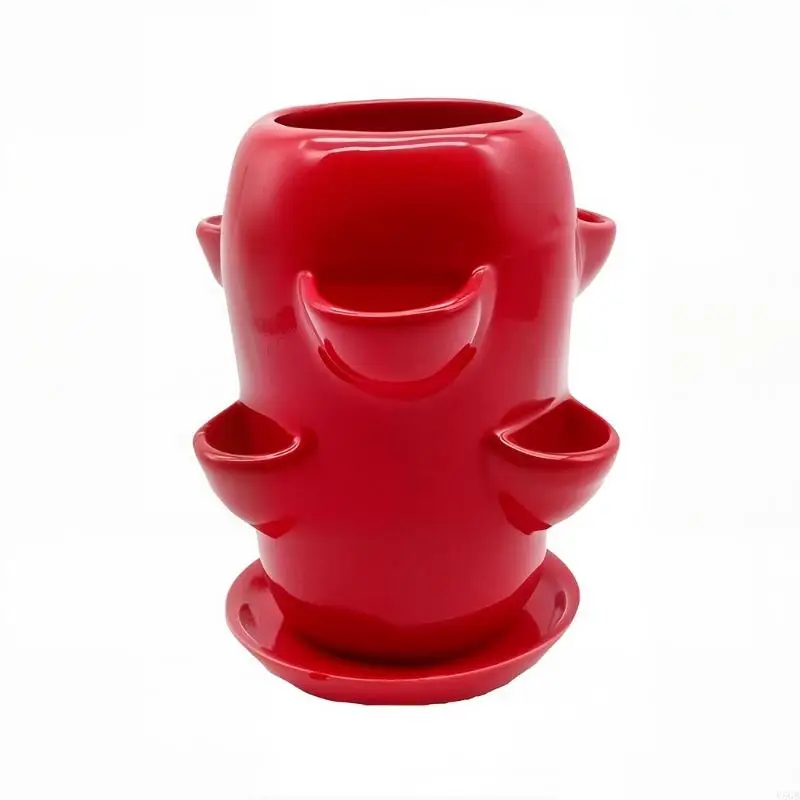 Tiered Ceramic Flower Pot with Side Openings, Vertical Red Herb Holder for Balcony Shelf, Window Shelf, Table Display, and Y5GB