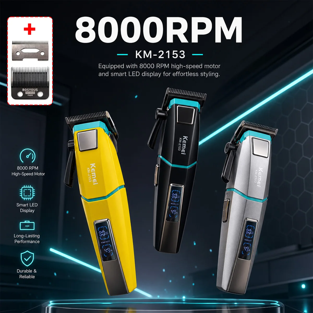 Kemei KM-2153 Professional Electric Hair Clipper Fade Blade LED Display 8000RPM 2000mAh 2-Speed 5W Men's Hair Cutting Machine