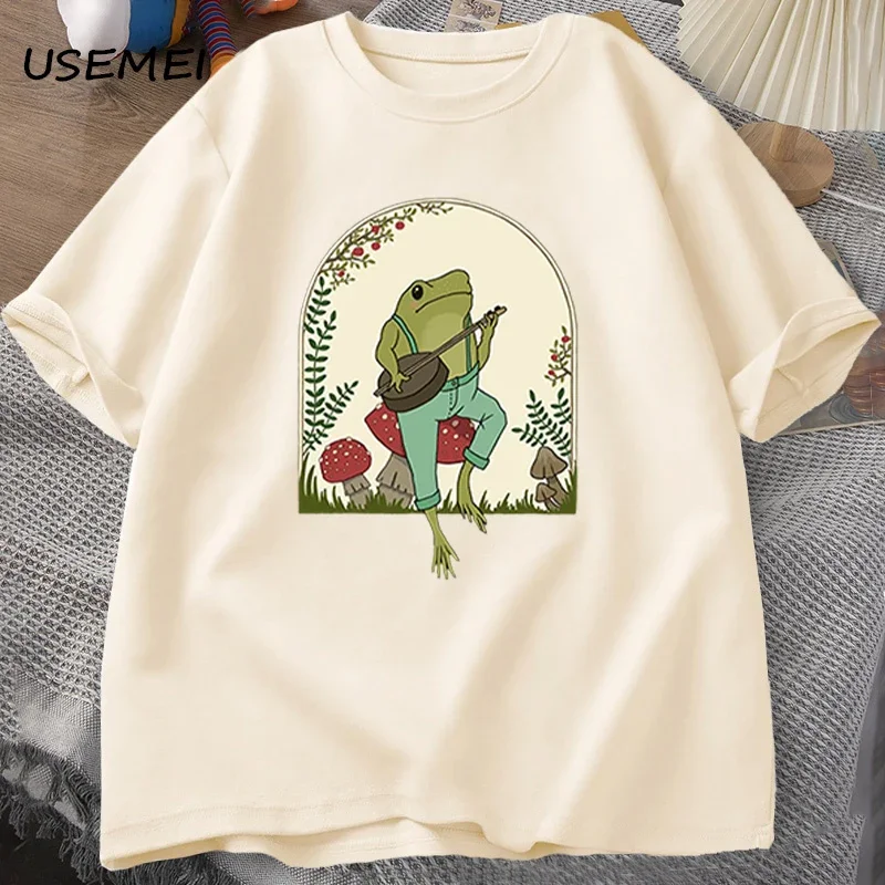 Cute Cottagecore T-shirts Aesthetic Frog Playing Banjo on Mushroom T Shirt Men Summer Cotton Short Sleeve Tee Shirt Mens Clothes