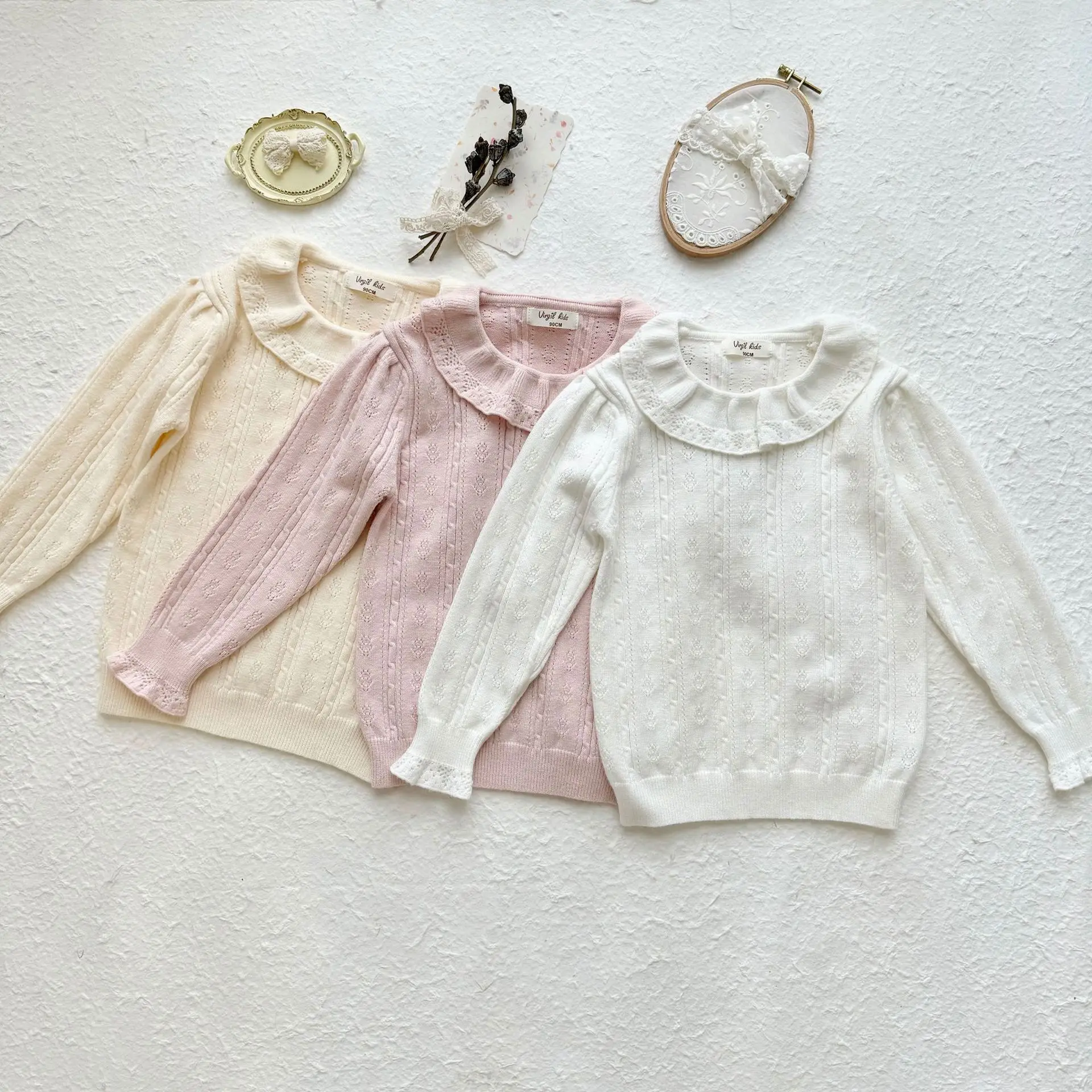 2026 New Autumn Baby Girls Knitted Sweaters Ruffles Pullovers Tops Korean Style Solid Color Children Cute Sweater