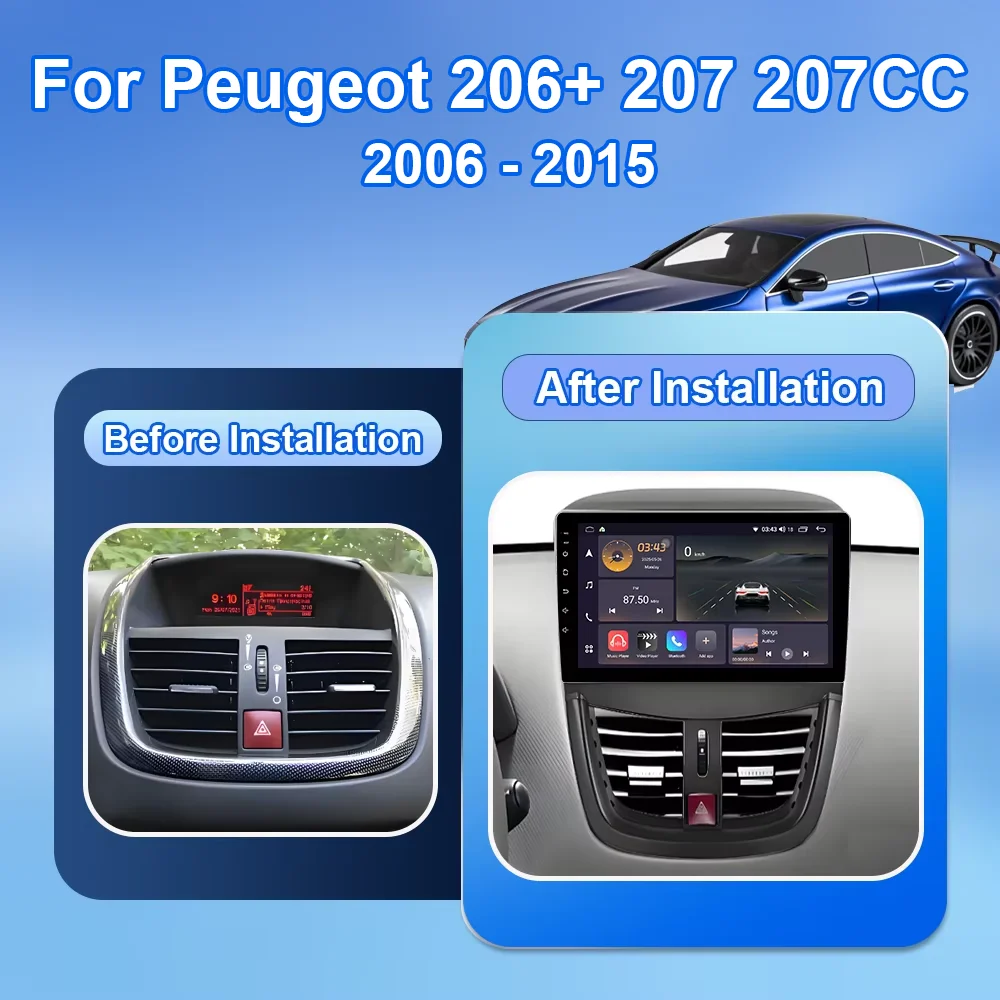 Android 16 For Peugeot 206+ 207 207CC 2006 - 2015 Car Radio Stereo Multimedia Video Player Carplay QLED Bluetooth Touch Screen
