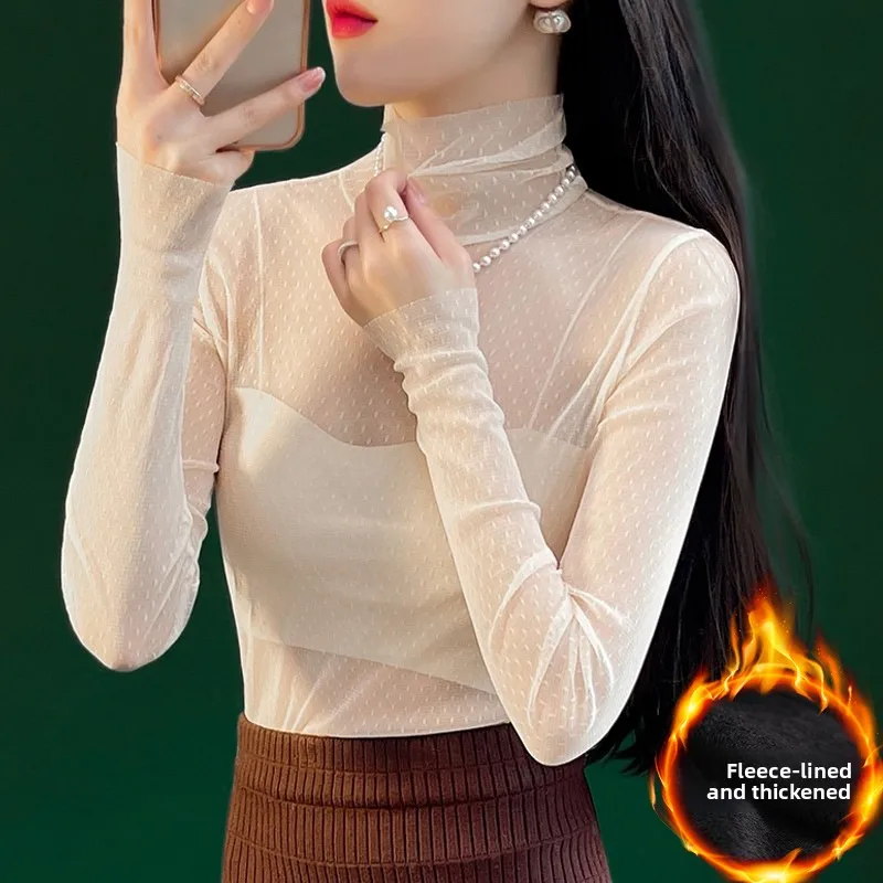 

Женская утепленная блузка с высоким воротником и кружевом, сетчатая, зимняя, модная, для офиса, с длинным рукавом, приталенная, однотонная