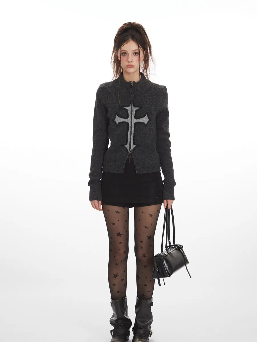 Suéteres Cardican con cremallera cruzada bordada, abrigos, ropa de invierno de punto gótica, prendas de punto holgadas para mujeres y niñas, señoras de oficina