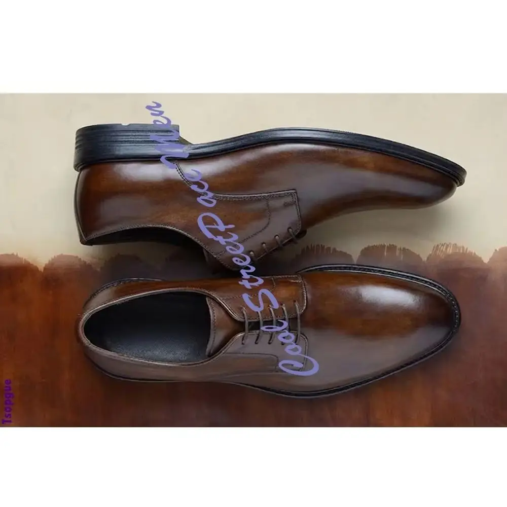 Men Polished Brown Round Toe Derby Shoes Leather Front Lace Up Pointed Toe 2026 Office Wedding Party Dress Shoes for Men