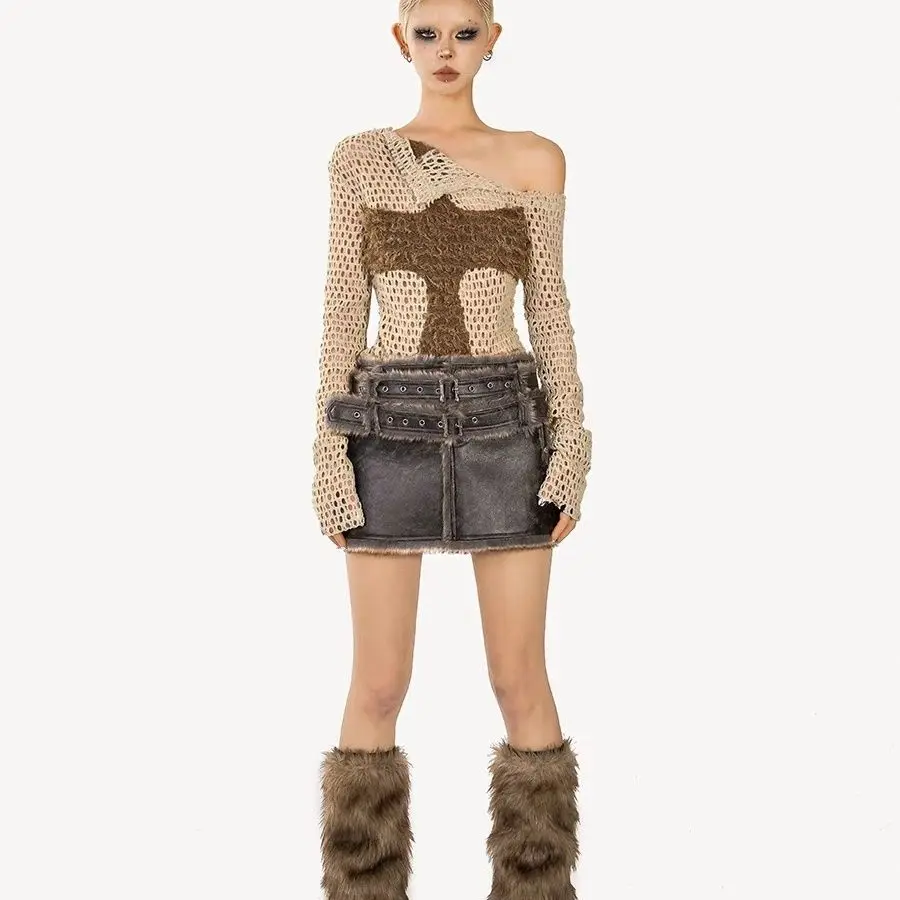 

Women's Hollow Out Shoulder Long Sleeved Knitted Shirt Fashion Pullover Tops Vintage Female Casual Sexy Thin T-shirt