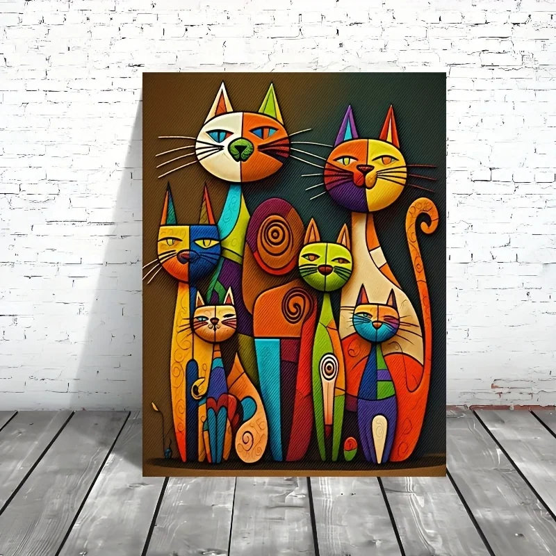 Colorful Abstract Cat Canvas Art, Frameless Vibrant Rainbow Cartoon Animal Wall Decor for Living Room, Bedroom, Office, and Bar