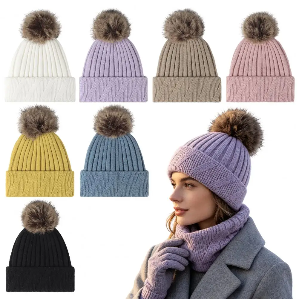Winter Knitted Hat for Women Cold Weather Fleece Lined Hat with Pom Pom, Chunky Snow Hat, Soft Ribbed Knit Hat for Autumn Winter