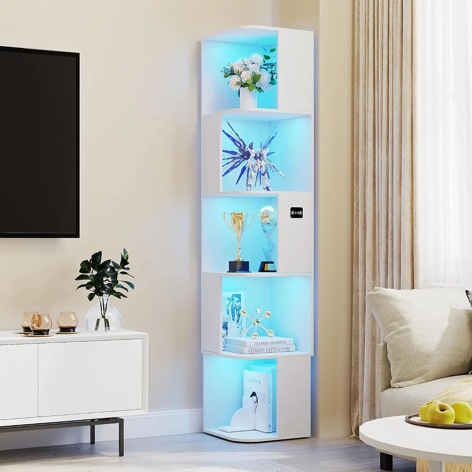 Corner Bookshelf 5 Shelf LED Light Cube Storage Organizer for Living Room Study Bedroom, Customized