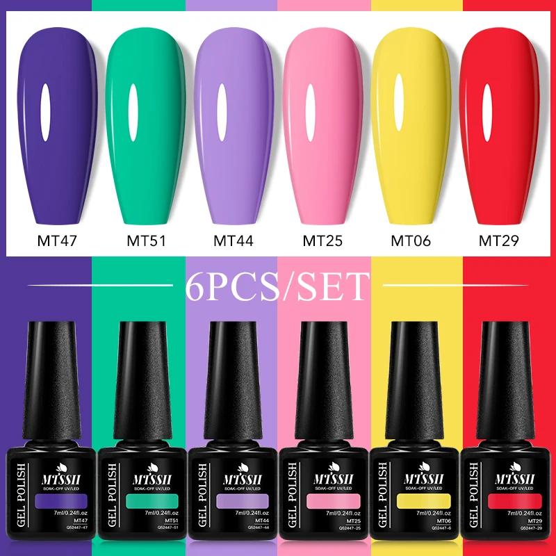 Mtssii 6PCS/SET Zestaw do lakierów do paznokci różowy niebieski fioletowy Półtrwały lakier do paznokci UV Glue Base Top Coat Nail Art Kit