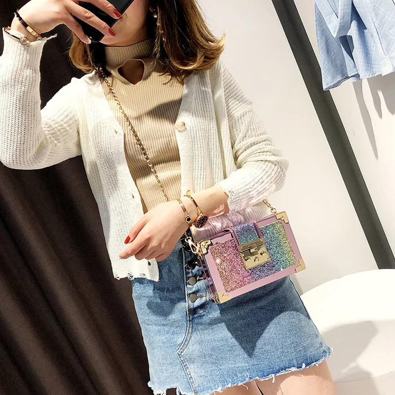 New Style Women\'s Small Square Bag Korean Fashion Sequins Small Box Cool and Easy Single Shoulder Bag Charming Chain