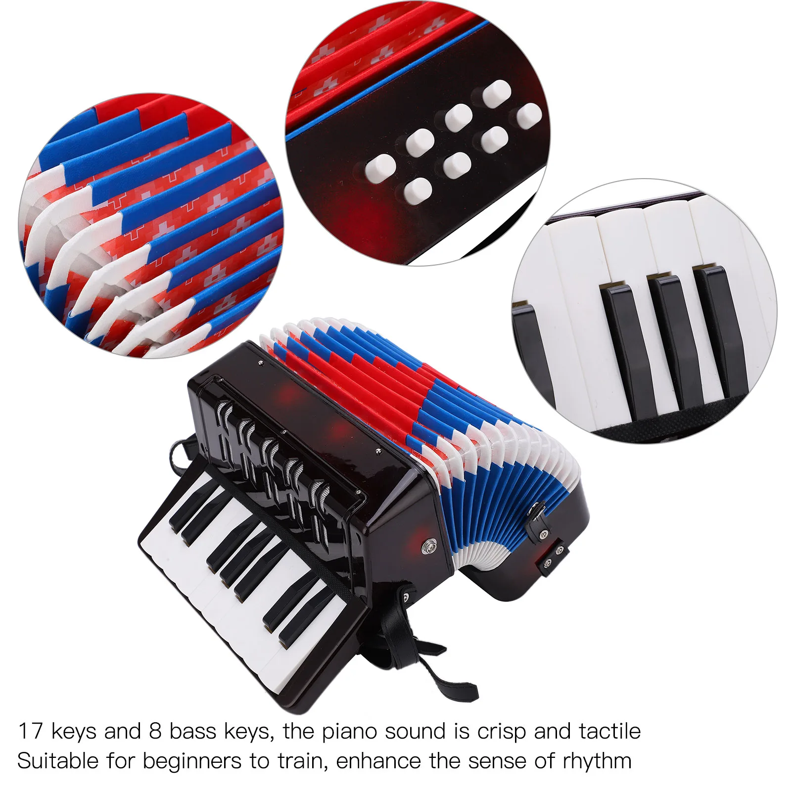 Accordion Musical Piano Keyboard Toy Rhythm Training Spring Instrument 17 Key 8 Bass Black