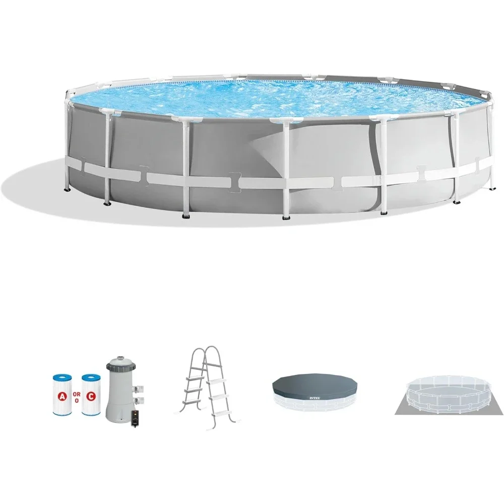 Prism Frame Above Ground Outdoor Pool Set with 1000 GPH Filter Pump, Ladder and Safety Pool Cover, Grey