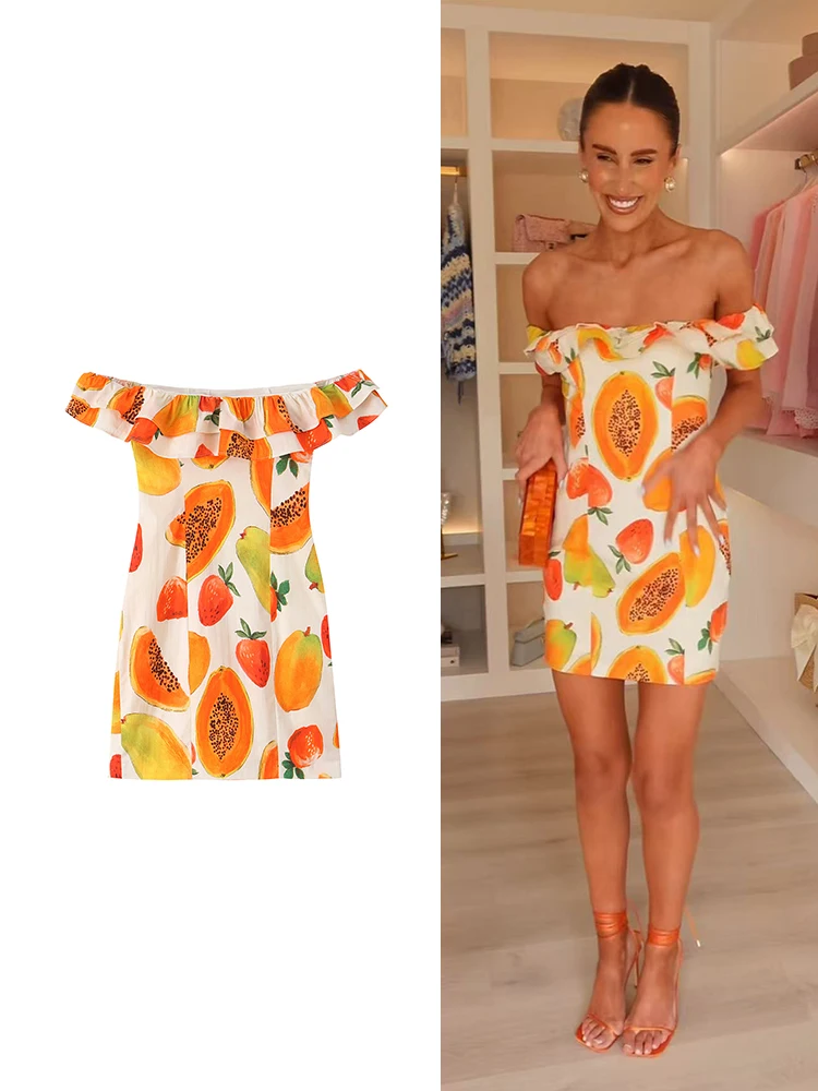 TFMLN Elegantes Minikleid für Damen, schickes, figurbetontes, rückenfreies, gestuftes Kleid mit Fruchtprint und Schrägausschnitt, Sommer-Street-Style-Bodycon-Kleid