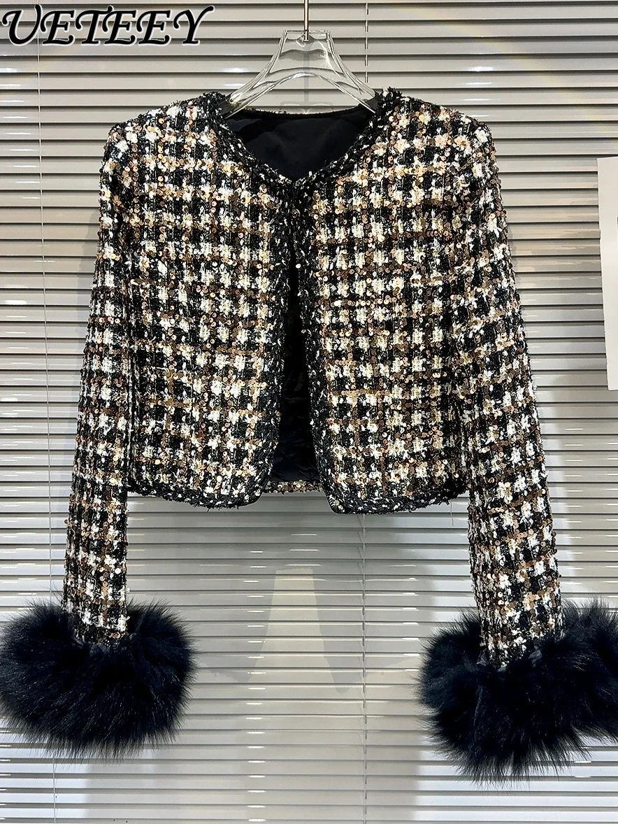 

2023 Winter New Fox Fur Cuff Sequined Black Tweed Jacket Women's Elegant Quilted Thick Woolen Coat Short Casacos Femininas