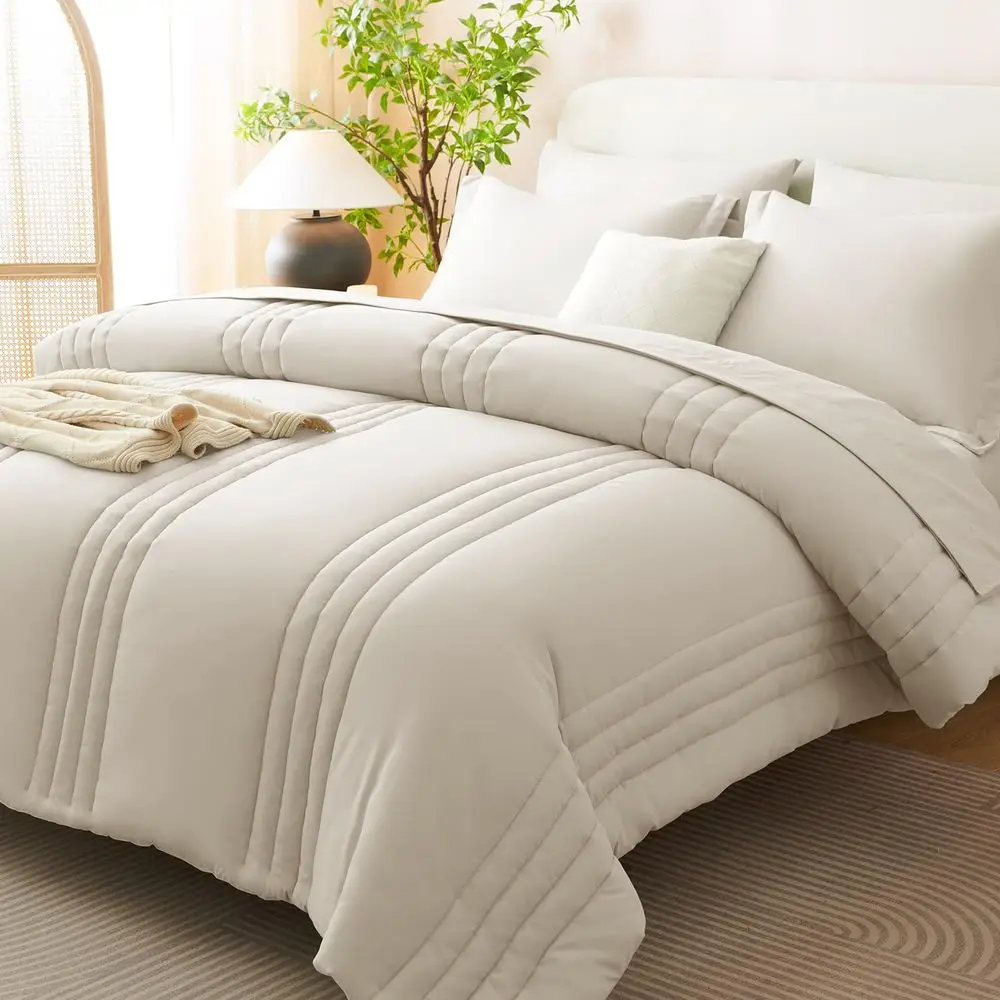 

Комплект постельного белья Queen Size, 7 предметов, бежевый, с простынями, роскошный комплект для кровати Queen, на все сезоны, мягкое постельное белье.