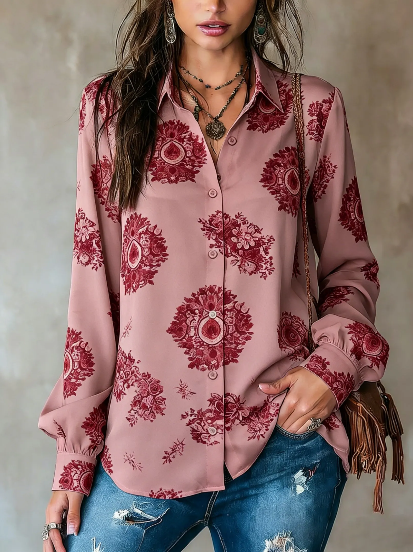 

Women's Long Sleeve Boho Floral Print Button Down Casual Shirt Elegant Daily Blouse Tops in Pink for Spring Summer