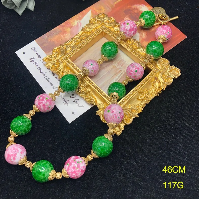 

Simple Style Spring and Summer New Old Gold Necklace Bracelet Versatile Set Pink Green Frog Skin Glazed Beaded Jewelry Women