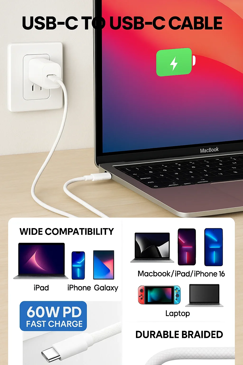 60W USB C to USB C Cable Fast Charging, White Braided PD Charger Cord for iPhone 15 16, iPad, MacBook, Samsung