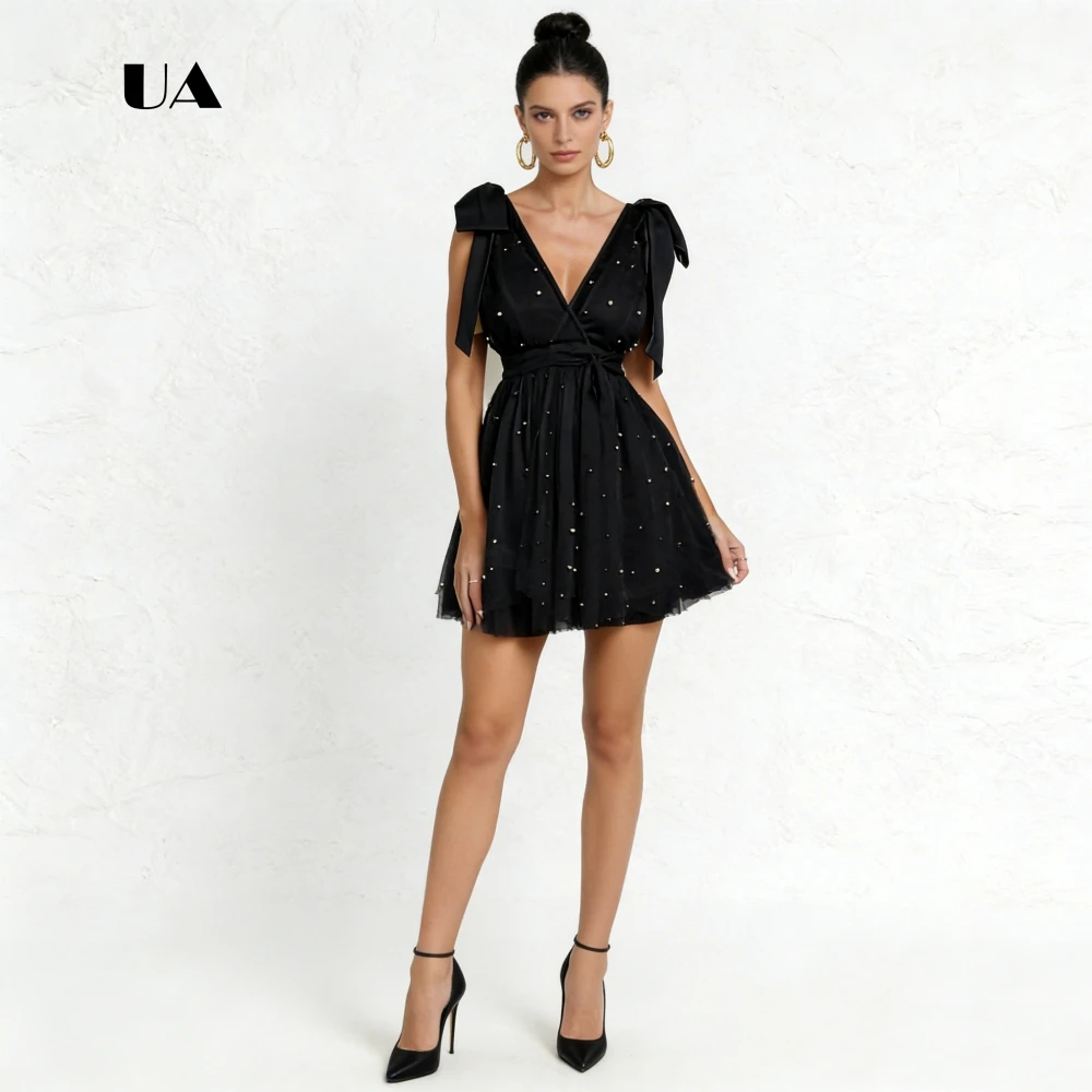 

ULBYANRY Tulle Sleeveless Mini Dress with Bow-and-pearl Details Solid V-neck Evening Dress Fit-and-flare Customized Party Gown