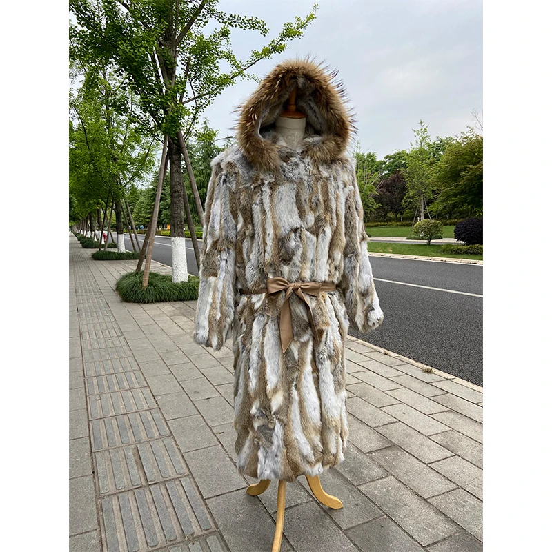 women winter warm fashion longest fur coat real rabbit fur coat with huge hood and raccoon fur collar