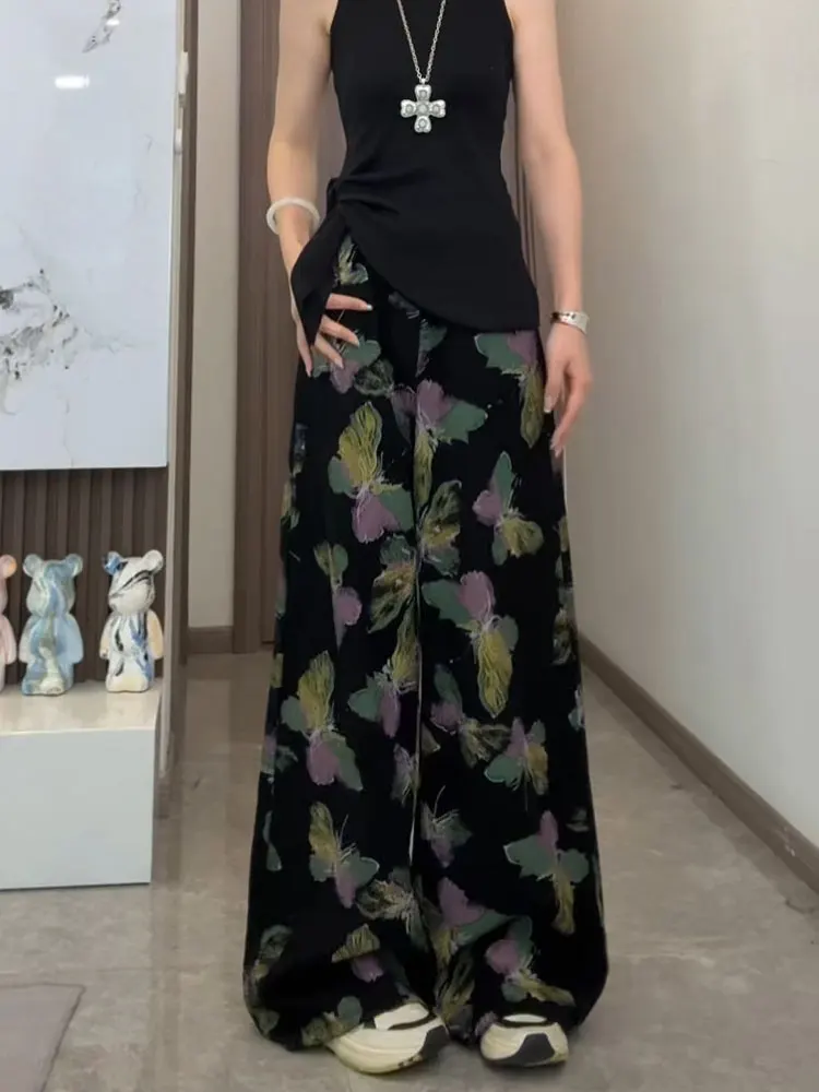 

Retro black butterfly print wide leg jeans women in the summer of 2025 a new niche high waisted straight leg mop pants