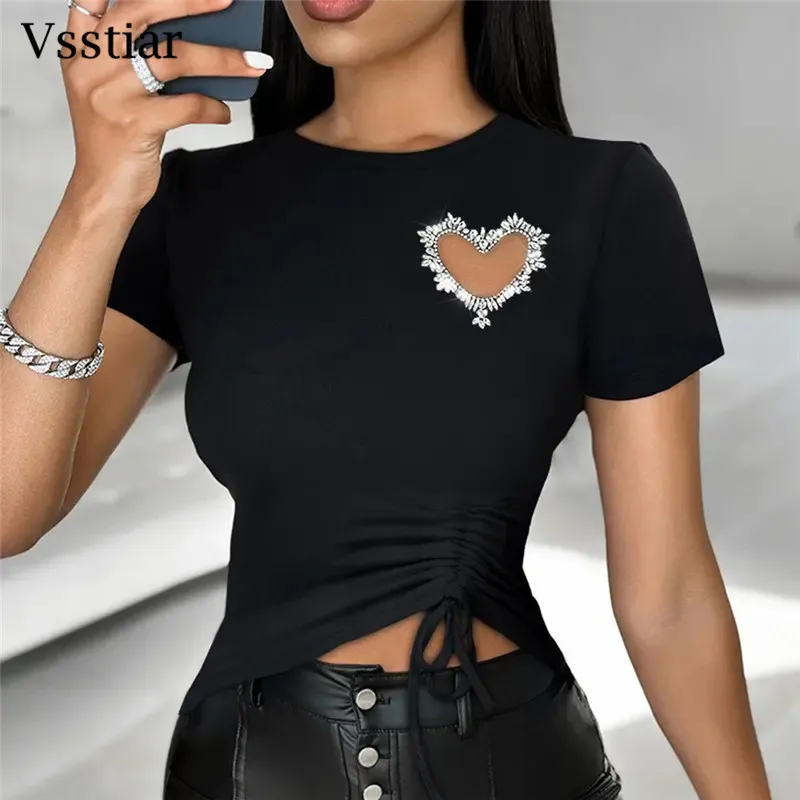 

Женская футболка с коротким рукавом Vsstiar, со стразами, с круглым вырезом и вырезами, облегающий кроп-топ на шнуровке, летняя модная уличная одежда Y2K, футболки
